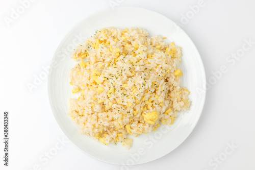 Fried rice with egg on white background