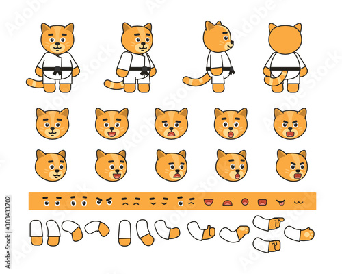 Karate cat creation set. Create your own action, pose, animation. Vector illustration bundle