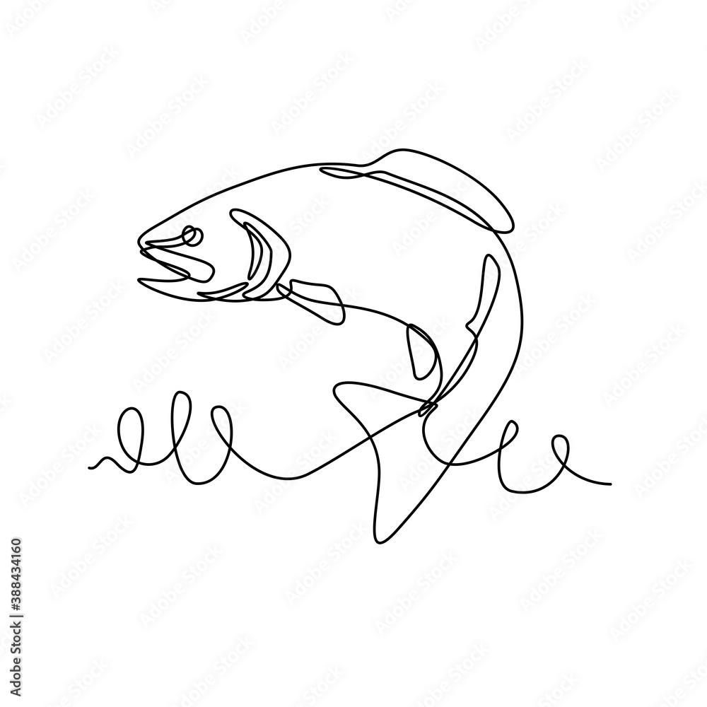 Rainbow Trout or Oncorhynchus Mykiss Jumping Up Continuous Line Drawing Rainbow Trout or Oncorhynchus Mykiss Jumping Up Continuous Line Drawing