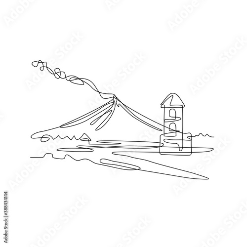Mayon Volcano or Mount Mayon with Cagsawa Church Bell Tower Ruins Continuous Line Drawing
