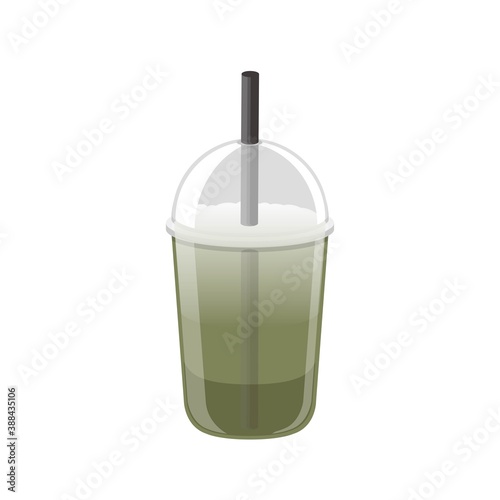 Plastic cup and round lid filled with Japanese matcha, juice, ice tea and foam, cartoon comic illustration