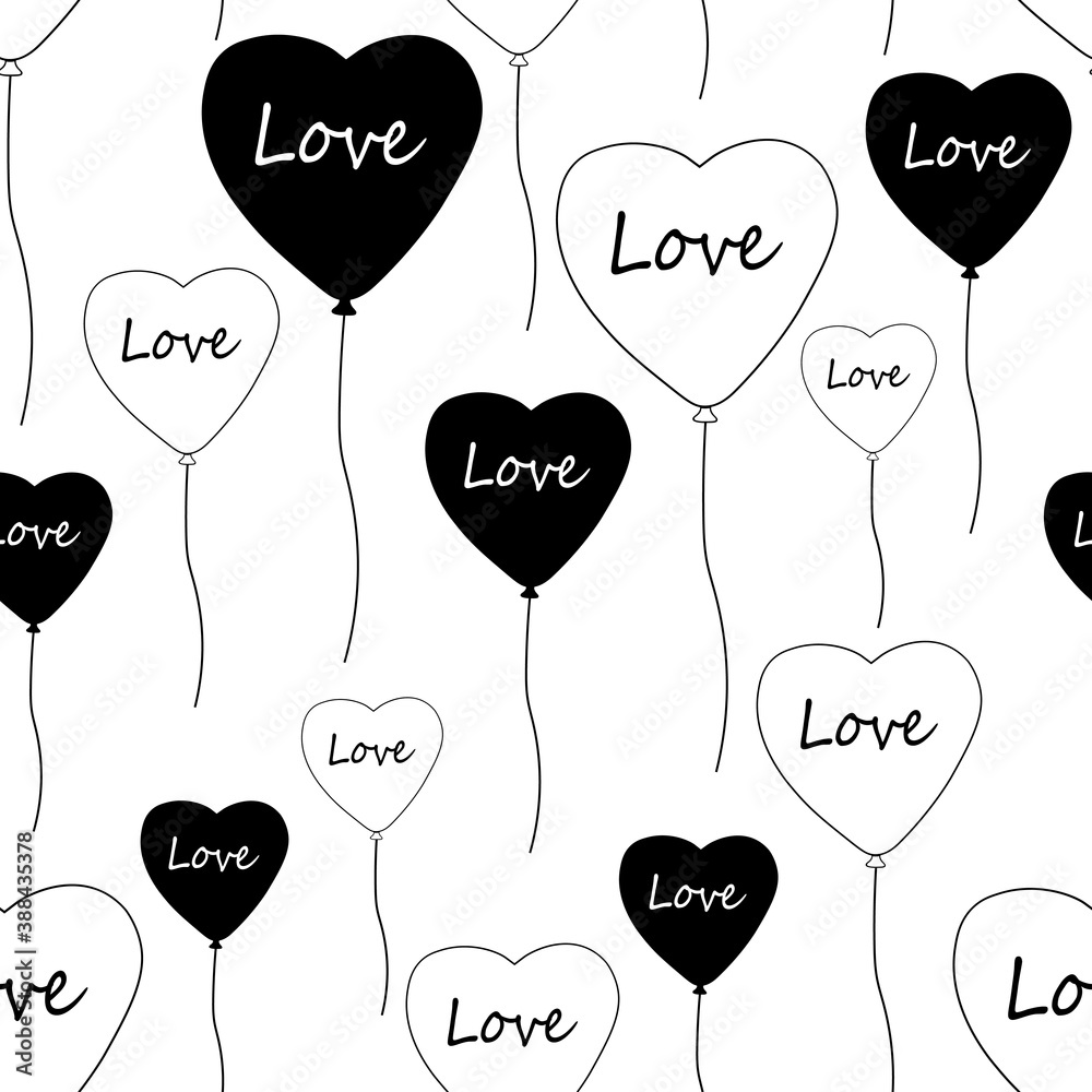 Seamless pattern black and white balloons Valentine's Day with lettering vector illustration