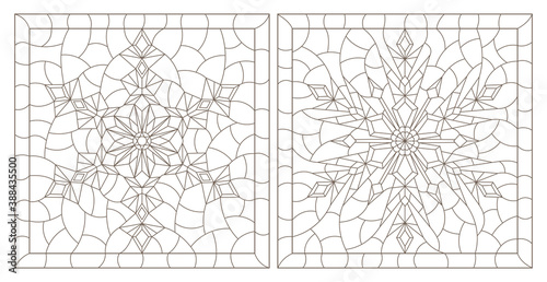 Set of contour illustrations in the stained glass style with snowflakes, round and square images, dark contours on a white background