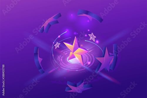 Feedback concept with 3d isometric star icon, customer rate product, client satisfaction survey, people review quality of service, purple vector illustration