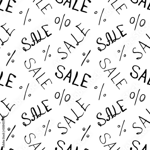 Vector seamless pattern with inscription Sale and percent signs. Hand drawn background and texture on theme of Black Friday, discounts, promo, commercial and special offers. Handwritten backdrop