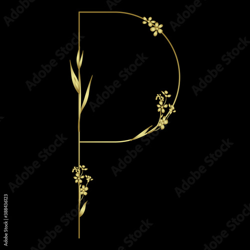 Golden capital letter P with floral motifs. Beautiful alphabet font with forget-me-not flowers.	