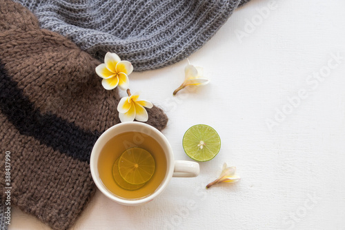  knitting wool hat ,scarf of lifestyle woman relax in winter season and hot lemon honey healthy drinks on background white 
