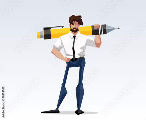 flat design picture illustration with character businessman standing with big pen. Flat design banner pic isolated white background mission accomplished exactly. drawing company director large pencil