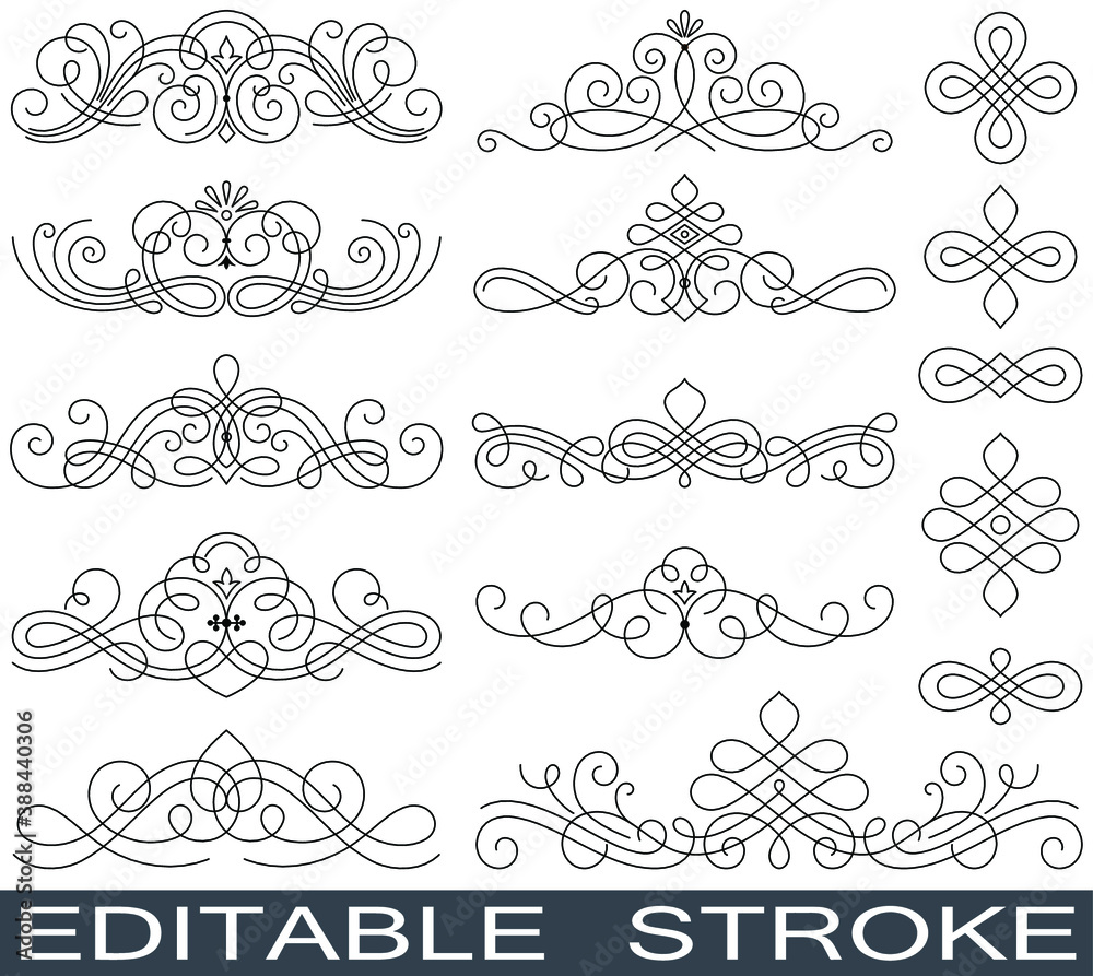 Ornate line drawing vector set, editable stroke Ornate line drawing vector set, editable stroke