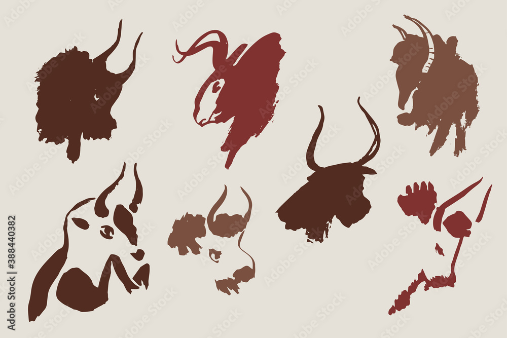 Hand drawn cave animals bulls. The symbol of the Chinese New Year. Collection. Vector