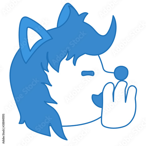 emoji spreading rumors by whispering to someone's ear, funny cartoon character with simplistic facial expression, hand drawn wolf emoticon, vector illustration
