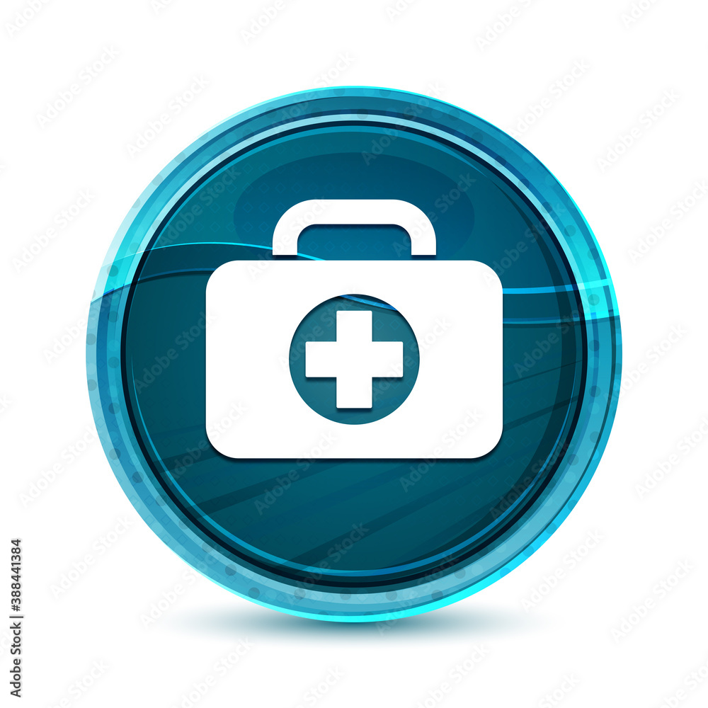 First aid kit bag icon elegant glass blue round button vector design illustration First aid kit bag icon elegant glass blue round button vector design illustration