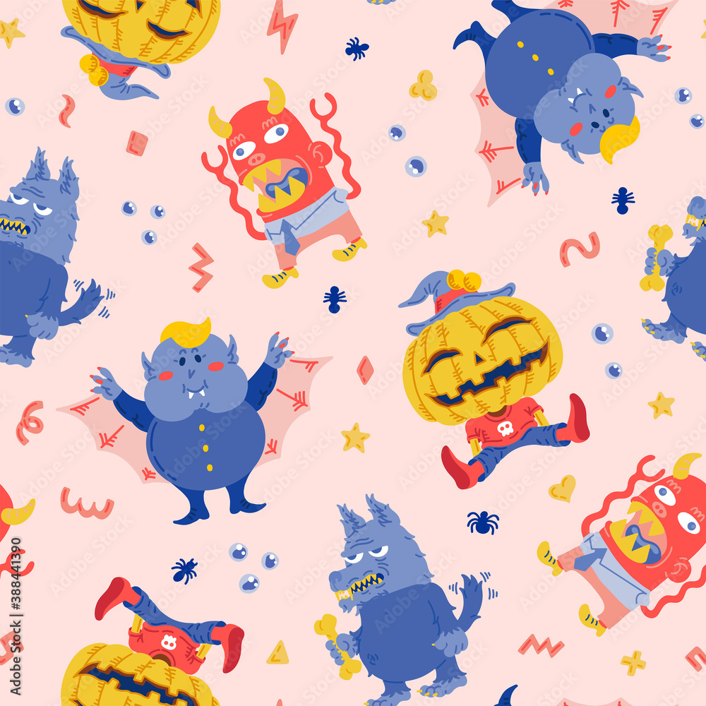 Halloween Cartoon Character Seamless Pattern. Handdrawn vector illustration with Wolf, Pumpkin Jack o Lantern, Vampire, Beast Devil. For background, wallpaper, fabric, paper Halloween Cartoon Character Seamless Pattern. Handdrawn vector illustration with Wolf, Pumpkin Jack o Lantern, Vampire, Beast Devil. For background, wallpaper, fabric, paper