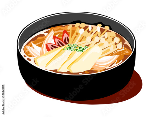 Kim Chi curry, spycy kim chi stew Korean food, a bowl of kim Chi, tufu, onion, Enoki mushroom, ribs and chillies with soup vector illustration