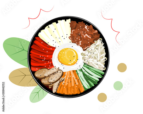 Bibimbap or bi bim bop Korean food, rice mixing with various ingredients in black bowl top view vector illustration.