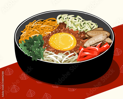 Bibimbap or bi bim bop Korean food, rice mixing with various ingredients in black bowl vector illustration.