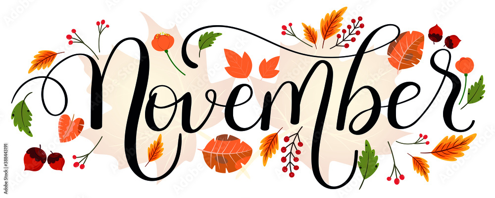 Hello NOVEMBER November month vector hand lettering with flowers and Hello NOVEMBER November month vector hand lettering with flowers and