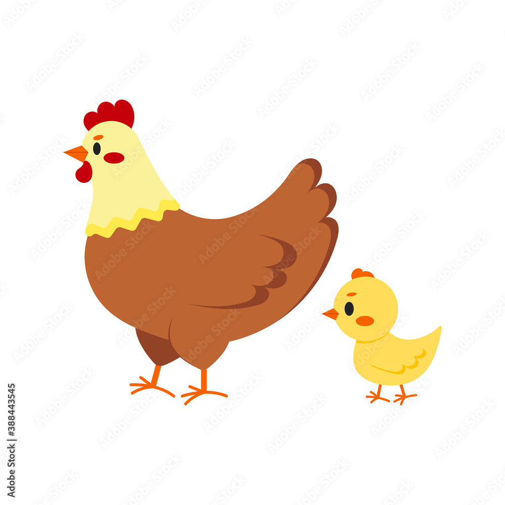 Hen and chick icon set isolated on white background. Cute farm birds family flat design cartoon style vector illustration. Funny poultry chicken family. Hen and chick icon set isolated on white background. Cute farm birds family flat design cartoon style vector illustration. Funny poultry chicken family.