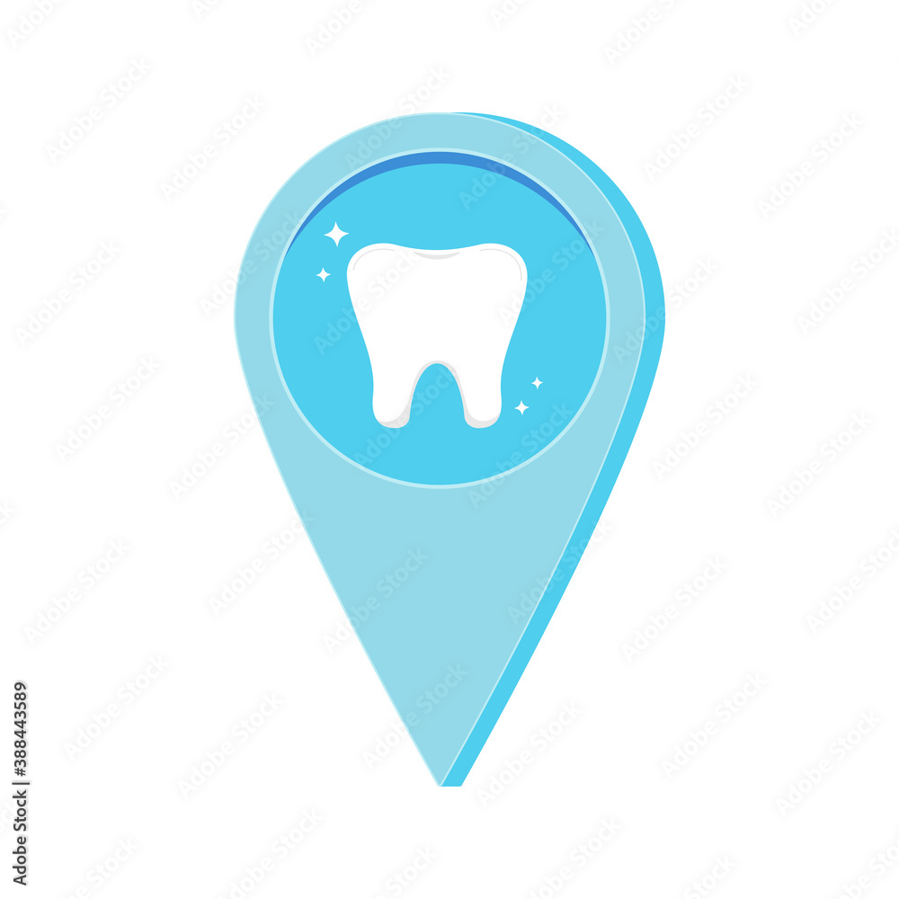 Dental location map pin with tooth inside isolated on white background. Dentist infoghraphic pointer - blue marker of doctor or hospital position navigation. Flat cartoon design vector illustration. Dental location map pin with tooth inside isolated on white background. Dentist infoghraphic pointer - blue marker of doctor or hospital position navigation. Flat cartoon design vector illustration.