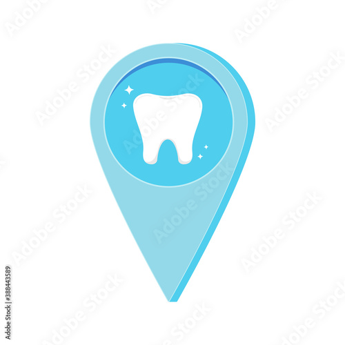Dental location map pin with tooth inside isolated on white background. Dentist infoghraphic pointer - blue marker of doctor or hospital position navigation. Flat cartoon design vector illustration.