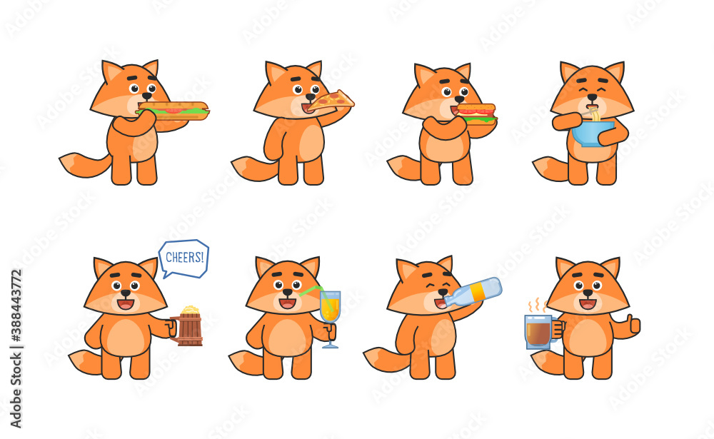 Set of fox characters eating fast food and drinking various drinks. Cute fox mascot holding hamburger, pizza, cup of noodles, beer mug, glass of juice. Vector illustration bundle