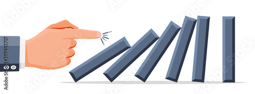 Hand of business man pushing dominoes. Domino chain reaction effect in business. Crisis management, finance intervention, tax, debt, fee and bankruptcy. Vector illustration in flat style