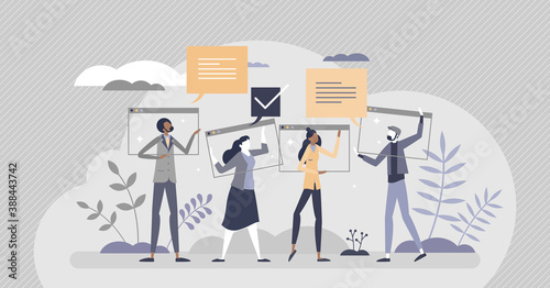 Virtual communication as group distant talking video call tiny person concept