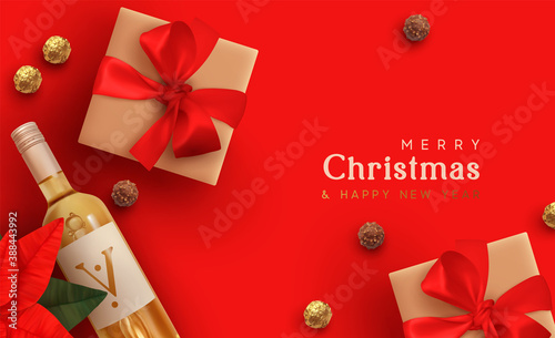 Christmas background. Realistic design with 3d Xmas decoration object, gift box, bottle of wine, round chocolates in foil, flower star red Poinsettia. Flatlay top view composition. vector illustration