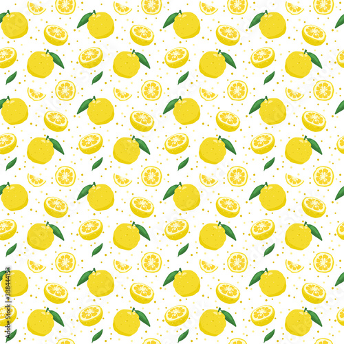 Yuzu japanese citron fruit seamless pattern vector illustration isolated on white background. Full citrus yuzu fresh fruit with green leaves .