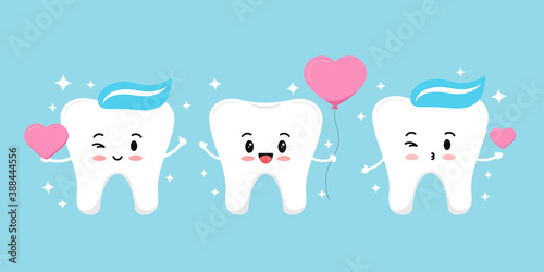 Teeth with heart and sparkles vector dental love icon set. Flat design cartoon smiling tooth character in love for valentines day design illustration. Happy boy hold balloon heart in hand and air kiss
