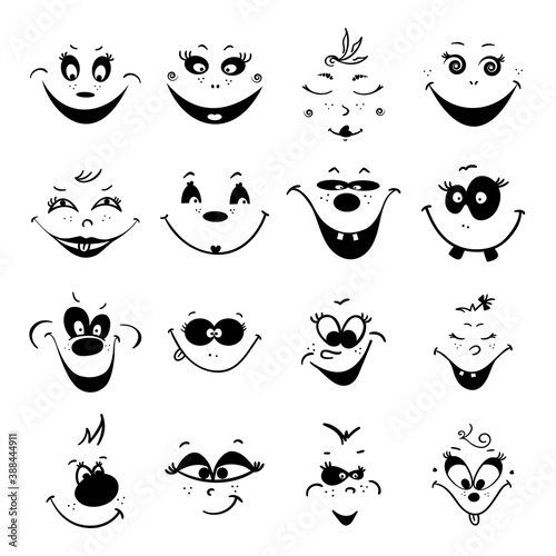 Funny cartoon emotional faces set, isolated on white.