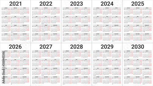 Calendar templates from 2021 to 2030. Vector tables 3х4 months. Week starts on Monday. Weekends - Saturday and Sunday are marked in red.