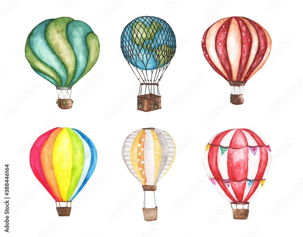 Set of Vintage hot air balloon. Watercolor illustration. For design, print and background.