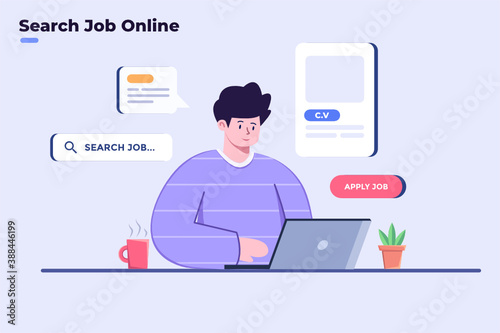 Flat illustration people search job in online or internet with laptop and at home. Person apply job in online. Searching work with internet technology.  Apply jobs online. Find a job online.