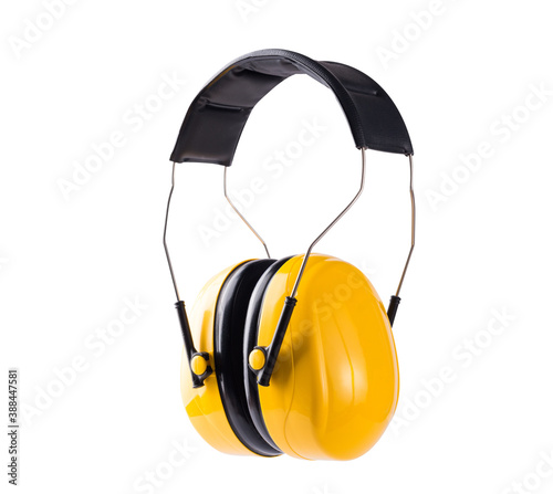Yellow working protective headphones Ear muffs prevent loud noise from working construction equipment safety, studio shot isolated on over white background Hearing protection