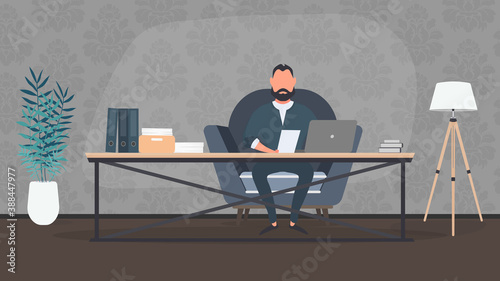 A businessman is working on a laptop in his office. Director's workplace. Laptop, documents, books, loft-style table. Vector.