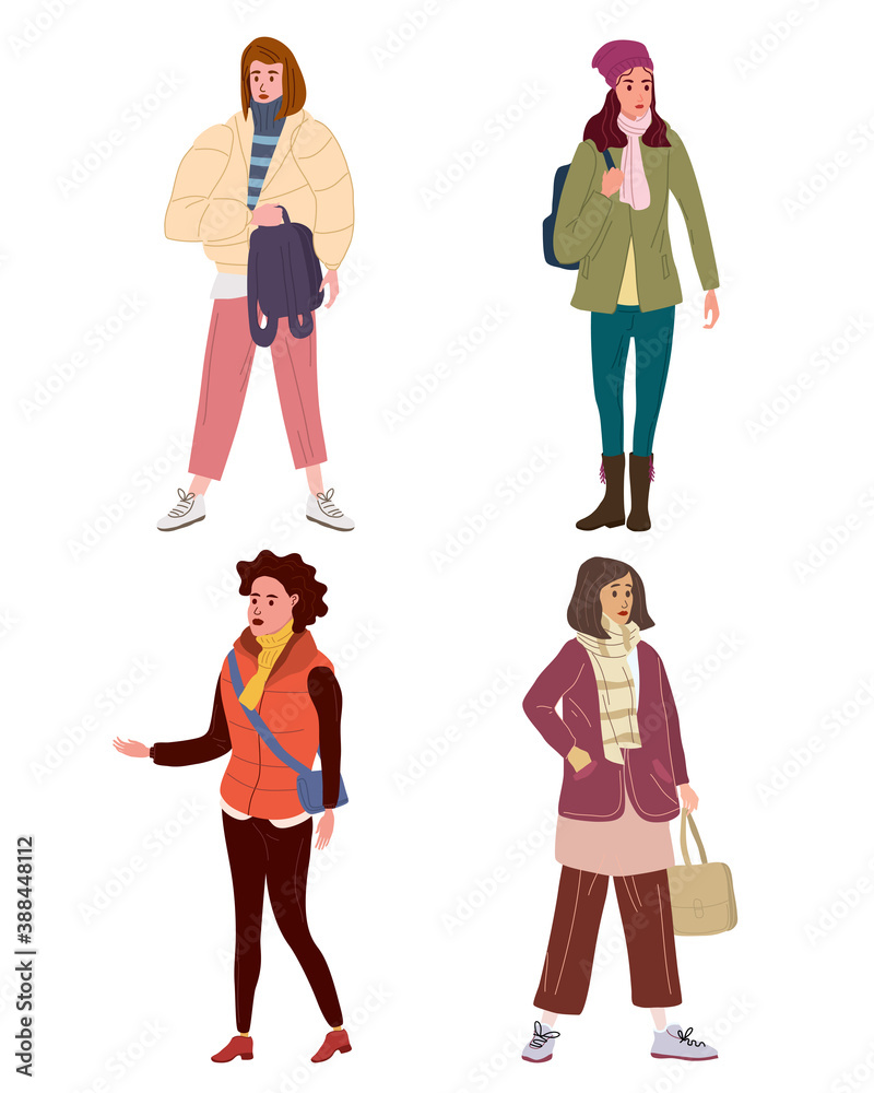 Set Young womans in autumn trendy clothes street fashionable style outwear female. Trendy vector style