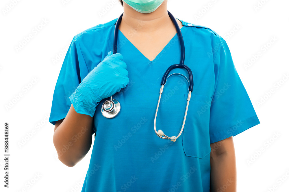 A confident female nurse standing with stethoscope, woman doctor in blue uniform, studio shot isolated on over white background, medical health concept A confident female nurse standing with stethoscope, woman doctor in blue uniform, studio shot isolated on over white background, medical health concept