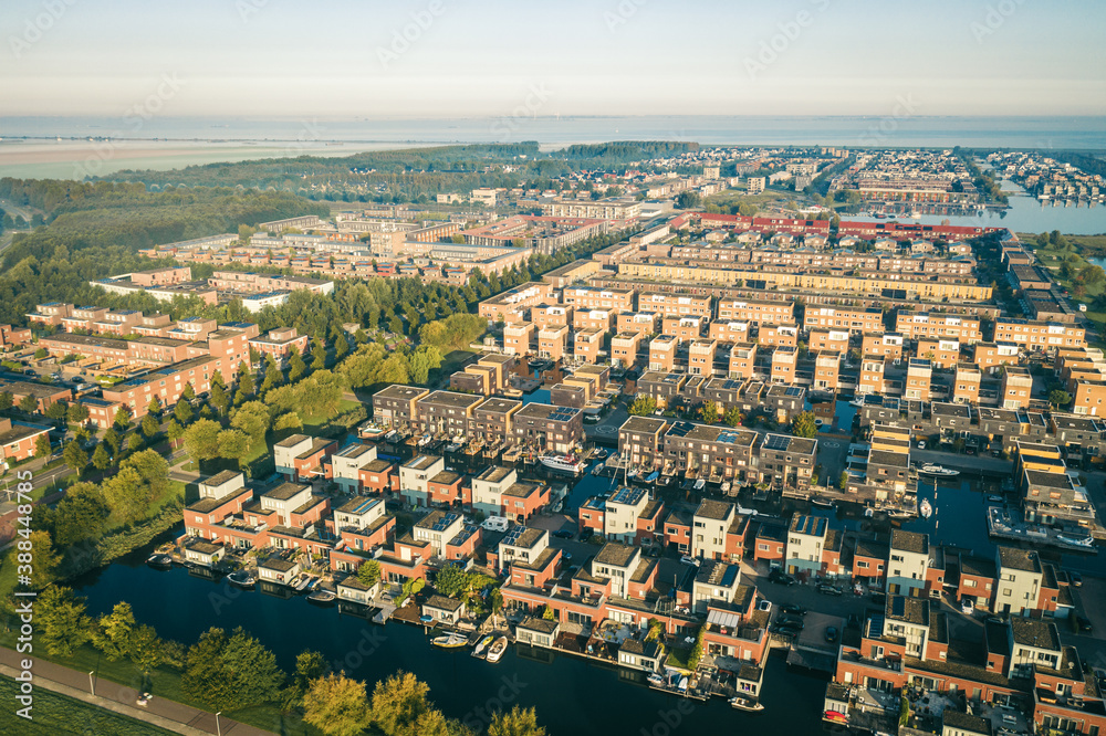 Modern residential neighborhood in Almere, The Netherlands, aerial view