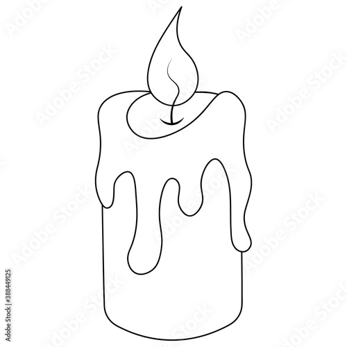 Candle. Sketch. Magic attribute. Vector illustration. Coloring book for children. Outline on an isolated background. Doodle style. The hot wax runs off. Hot flame. Halloween. Festive print. 