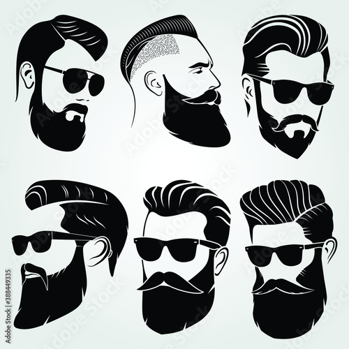 Bearded men, hipster face. Fashion silhouette, emblem, icon, label. Vector illustration.	