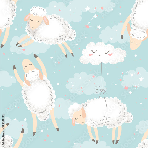 Seamless vector pattern with cute hand drawn cartoon sheeps, clouds and stars isolated on blue green background. Design for print, fabric, wallpaper, card, baby room decoration