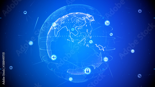 Technology Icon Network World Internet Digital devices on space Earth 3D illustration