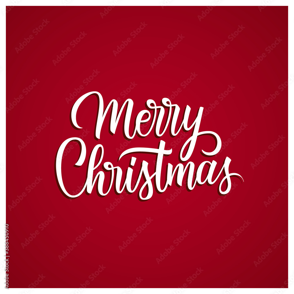 Merry Christmas greetings. Christmas holiday card with handwritten inscription on red background. Vector illustration.