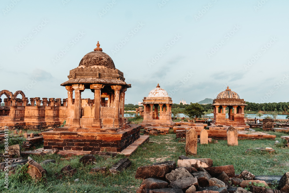 Scenic view of Indian architecture old ruined Chhatardi with lake, at Bhuj, Gujarat, India