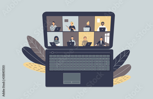 The concept of business videoconference,distance learning or online training during the virus epidemic.Laptop with a lot of open windows on Internet page with different people.Vector illustration