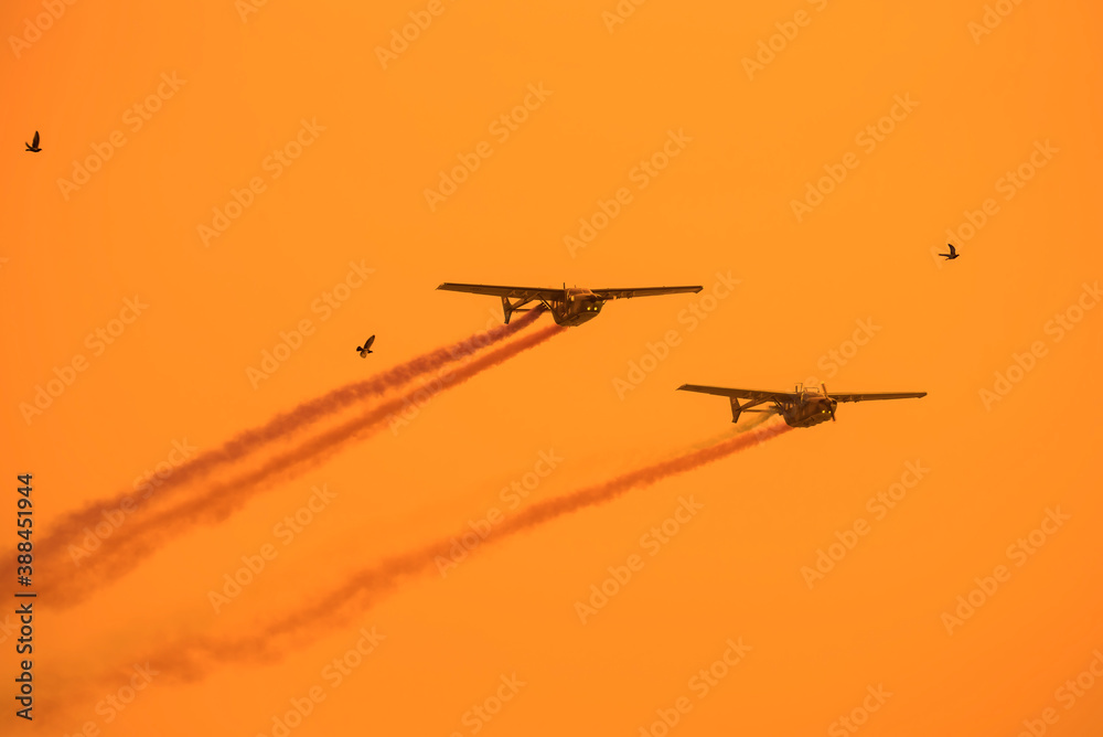 Silhouette soldier has drive plane to training and show on sky with colorful smoke ,silhouette flock of birds soft sun sky background