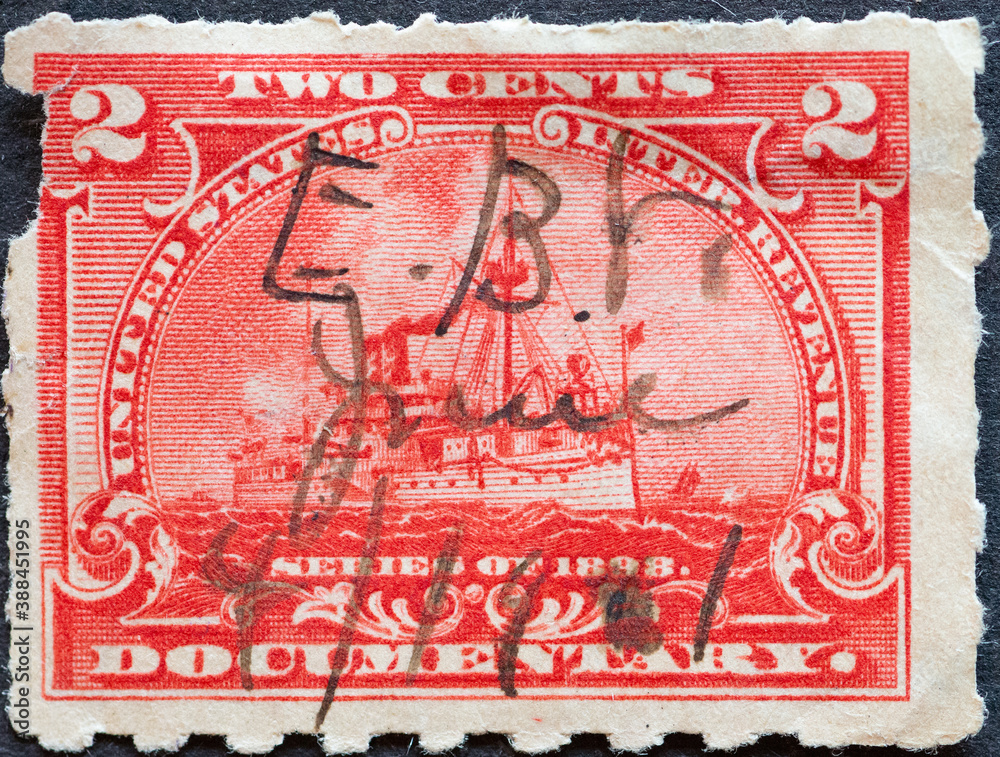 USA Circa 1898 a postage stamp printed in the US showing ein Documentary Battleship