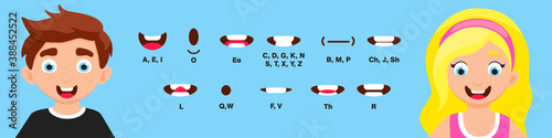 Boy and girl mouth animation with different expressions in flat style vector illustration set. Lip sync sound pronunciation and phoneme mouth talk expression character chart.