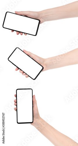 Collage woman hand holding the black new smartphone with blank screen isolated white background. set female  hands using phone clipping path